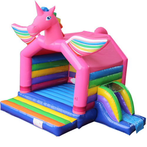 Bunte Hüpfburg in Form eines Einhorns mit Rutsche und bunten Regenbogenflügeln in Kaarst mieten. 