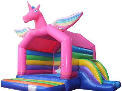 Bunte Hüpfburg in Form eines Einhorns mit Rutsche und bunten Regenbogenflügeln in Kaarst mieten. 